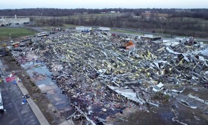 Aerial view of a candle factory after a tornado tore through, in Mayfield, Ky., on Dec. 11, 2021. (Michael Gordon/Storm Chasing Video via Reuters)