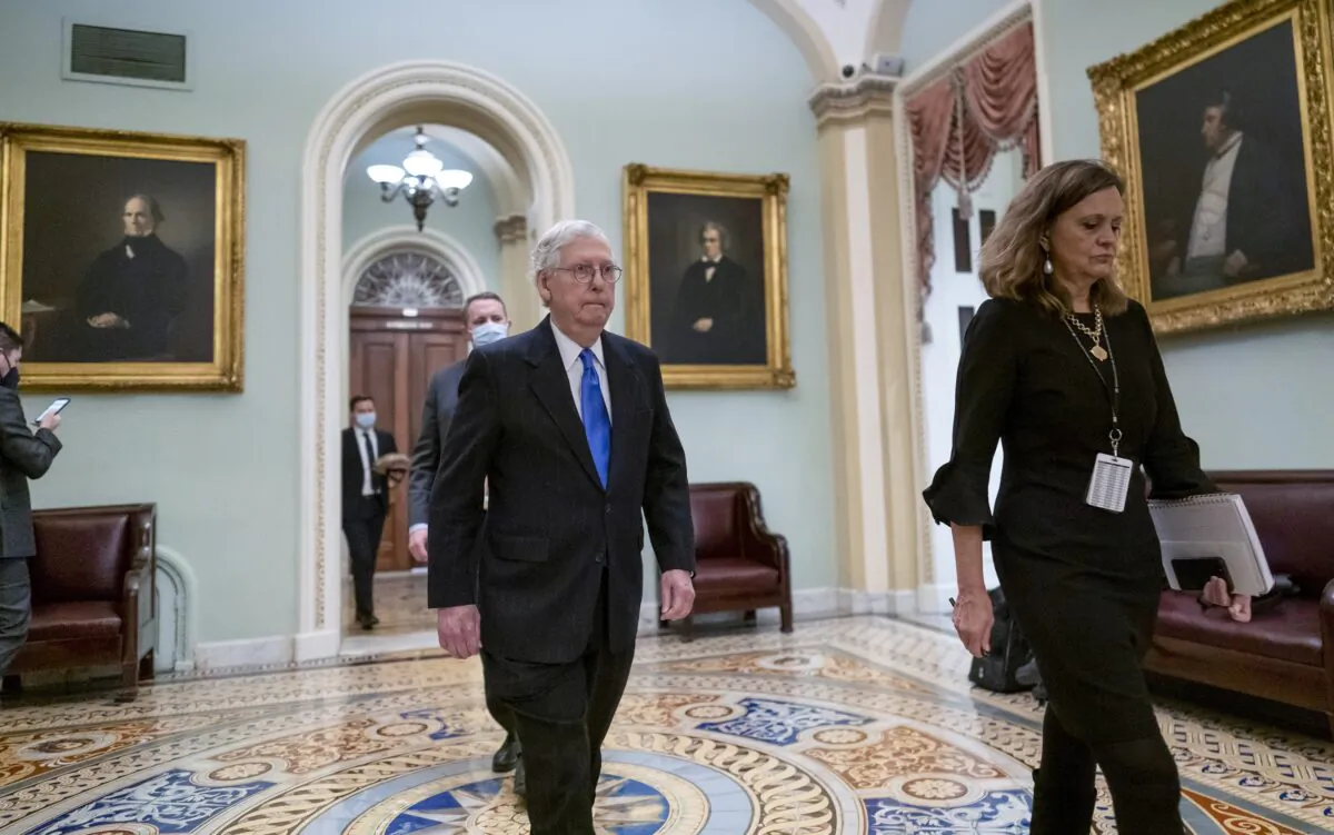 Senate Minority Leader Mitch McConnell (R-Ky.) at the U.S. Capitol in Washington on Dec. 9, 2021. (J. Scott Applewhite/AP Photo)
