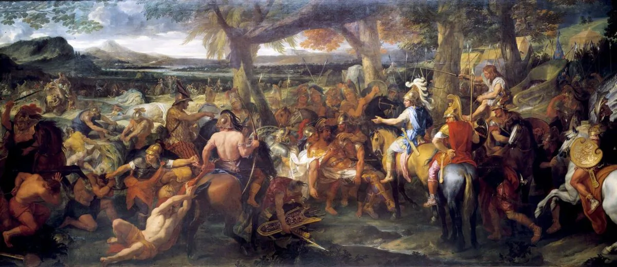 By the time Alexander invaded India, his character had already degenerated. “Alexander and Porus,” 1673, by Charles Le Brun, depicting Alexander and Porus (Puru) during the Battle of the Hydaspes in India. (Public Domain)