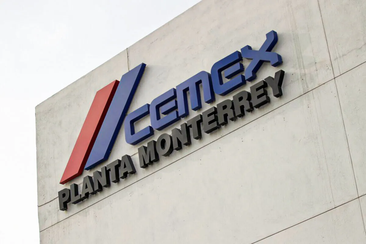 The logo of Mexican cement maker CEMEX at it's plant in Monterrey, Mexico, on June 8, 2021. (Daniel Becerril/Reuters)