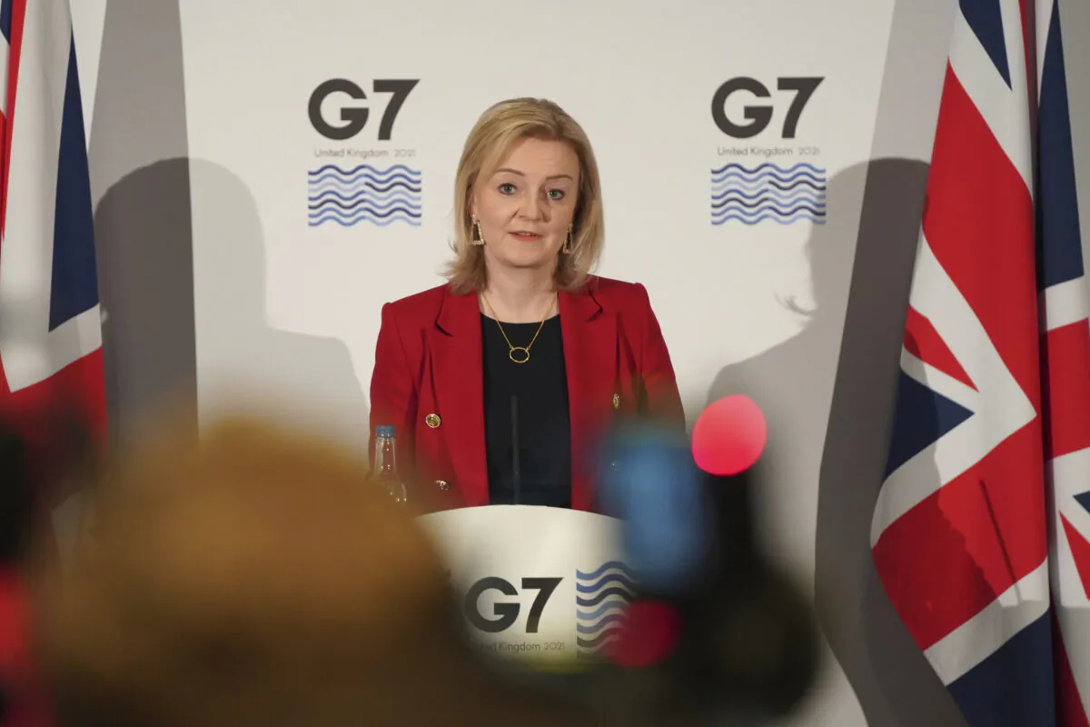 The UK's Foreign Secretary Liz Truss speaks at a press conference at the G-7 Foreign Ministers meeting in Liverpool, England, on Dec. 12, 2021. (Jon Super/AP Photo)