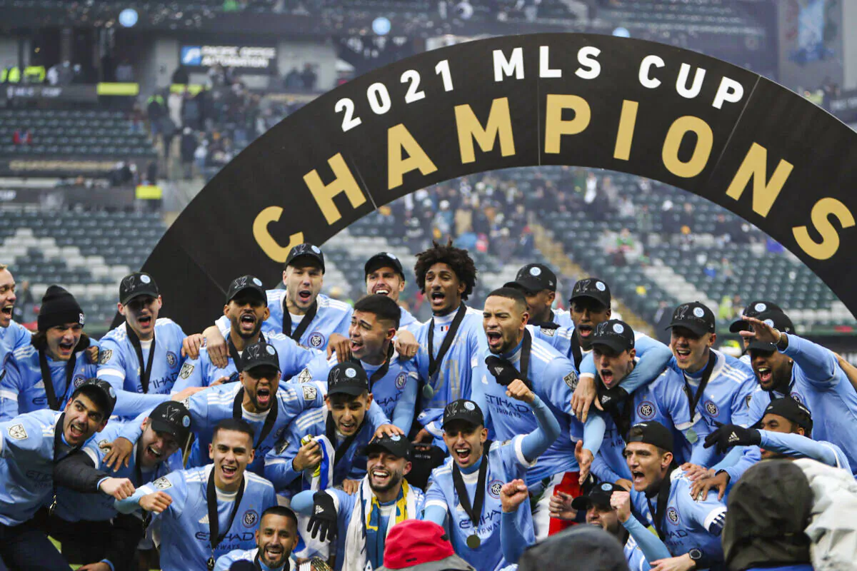 New York City FC celebrate  MLS championship over Portland Timbers, in Portland, Ore., on Dec. 11, 2021. (Amanda Loman/AP Photo)