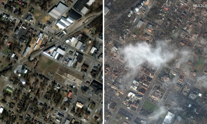 Satellite images reveal the scale of the tornadoes devastation in downtown Mayfield, Kentucky. (Satellite image ©2021 Maxar Technologies via CNN)