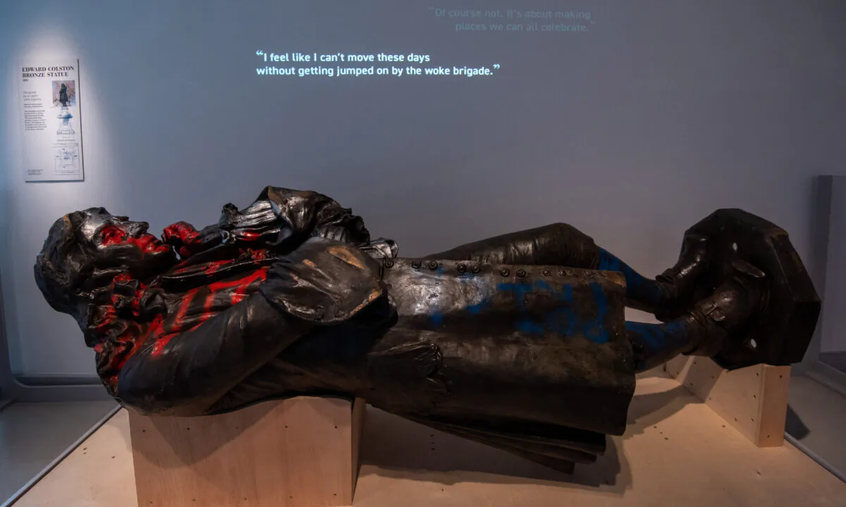 The toppled statue of Edward Colston lies on display in M Shed museum in Bristol, England, on June 7, 2021. (Polly Thomas/Getty Images)