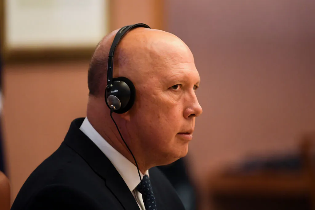 Australian Defence Minister Peter Dutton reacts during a bilateral meeting with South Korean President Moon Jae-in at Parliament House in Canberra, Australia, on Dec. 13, 2021. (Lukas Coch - Pool/Getty Images)