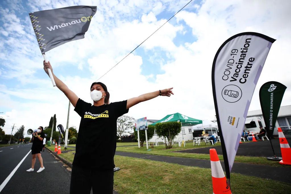 The Te Whanau O Waipareira vax team help vaccinate locals in Papakura as part of Whanau Ora campaign in Auckland, New Zealand, on Nov. 30, 2021. (Fiona Goodall/Getty Images)
