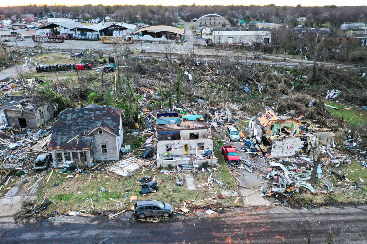 An aerial view of homes and business destroyed by a tornado in Mayfield, Kentucky on Dec. 11, 2021. (Scott Olson/Getty Images)