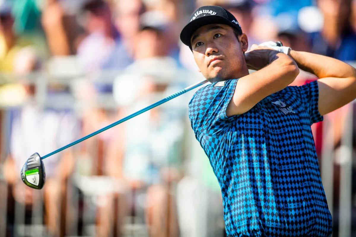 Kevin Na tees off during the QBE Shootout at Tibur n Golf Club, in Naples, Fla., on Dec. 10, 2021. (Caitlyn Jordan/Naples Daily News/USA Today Network-Florida via Field Level Media)