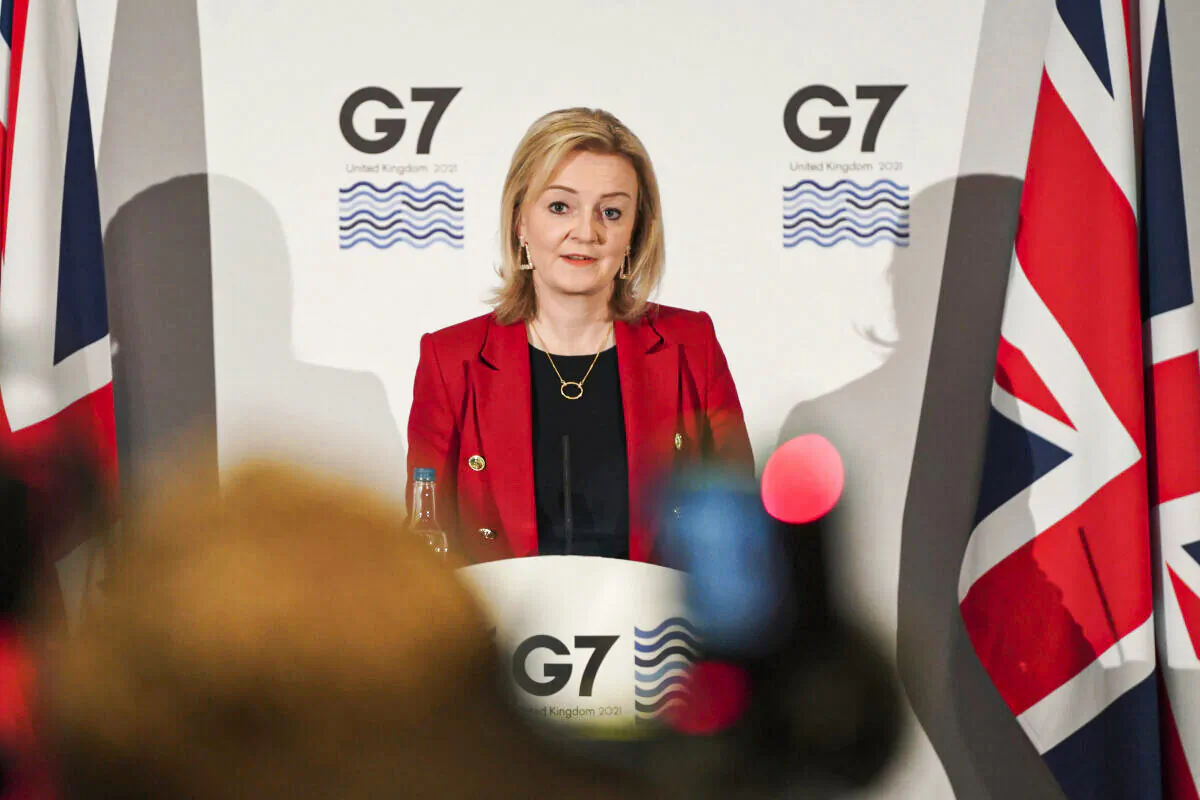 Britain's Foreign Secretary Liz Truss speaks at a press conference at the G-7 Foreign Ministers meeting in Liverpool, England, on Dec. 12, 2021. (Jon Super/AP Photo)