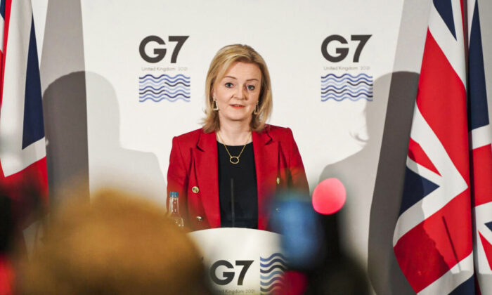 Britain's Foreign Secretary Liz Truss speaks at a press conference at the G-7 Foreign Ministers meeting in Liverpool, England, on Dec. 12, 2021. (Jon Super/AP Photo)