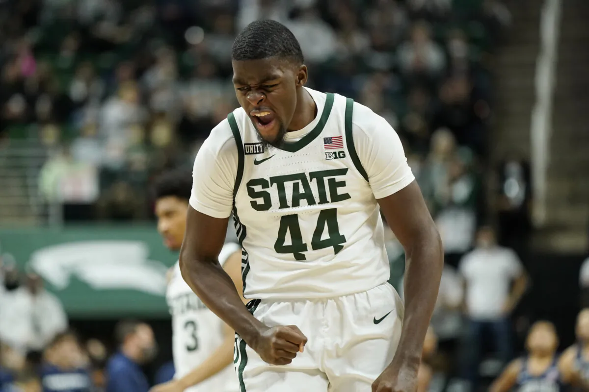 Michigan State forward Gabe Brown reacts after a play during the first half of an NCAA college basketball game against Penn State, in East Lansing, Mich., on Dec. 11, 2021. (Carlos Osorio/AP Photo)