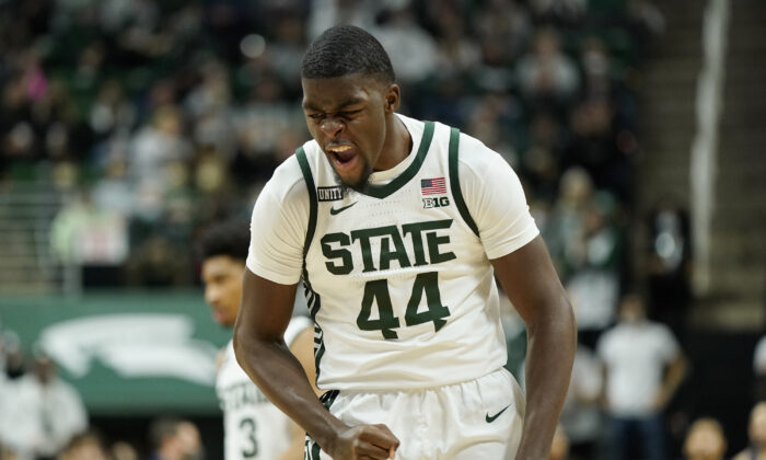 Michigan State forward Gabe Brown reacts after a play during the first half of an NCAA college basketball game against Penn State, in East Lansing, Mich., on Dec. 11, 2021. (Carlos Osorio/AP Photo)