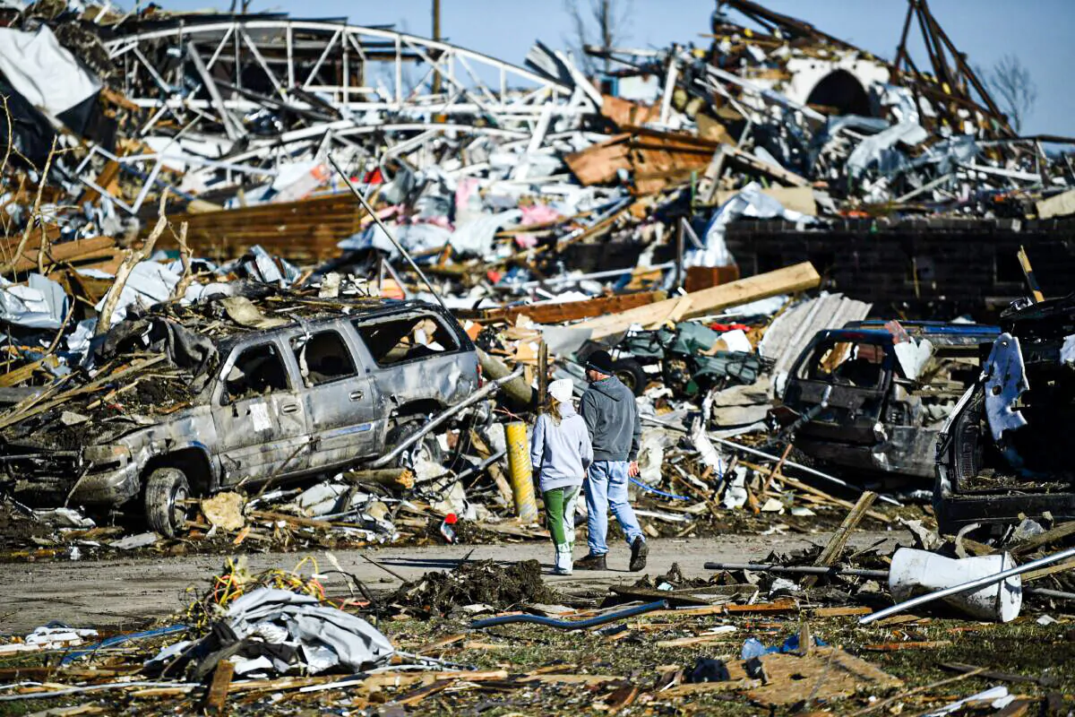 Tornado damage is seen in Mayfield, Ky., after extreme weather hit the region on Dec. 12, 2021. (BRENDAN SMIALOWSKI/AFP via Getty Images)