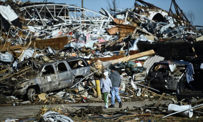 Tornado damage is seen in Mayfield, Ky., after extreme weather hit the region on Dec. 12, 2021. (Brendan Smialowski/AFP via Getty Images)