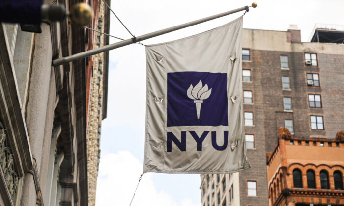 A New York University (NYU) flag flies outside the NYU business school in New York on Aug. 25, 2020. (Spencer Platt/Getty Images)