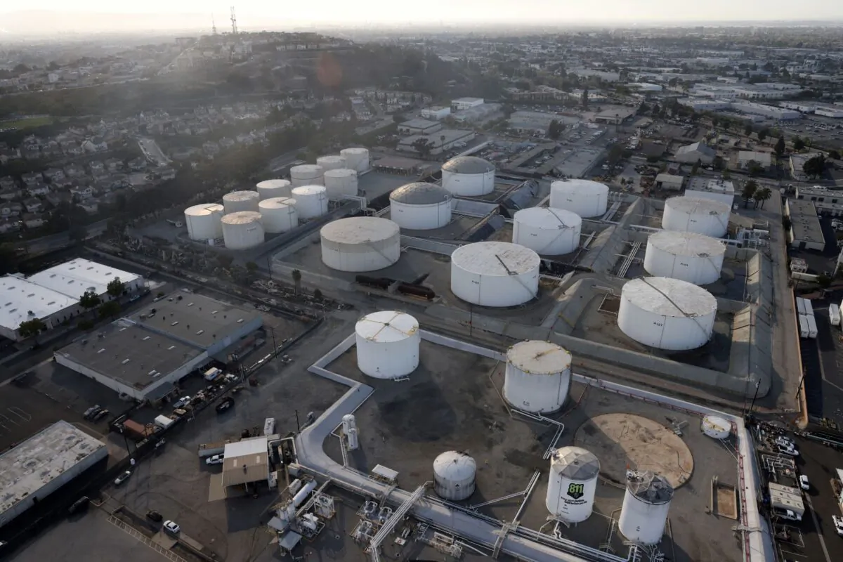 Oil storage containers in Los Angeles, on April 7, 2021. (Lucy Nicholson/Reuters)