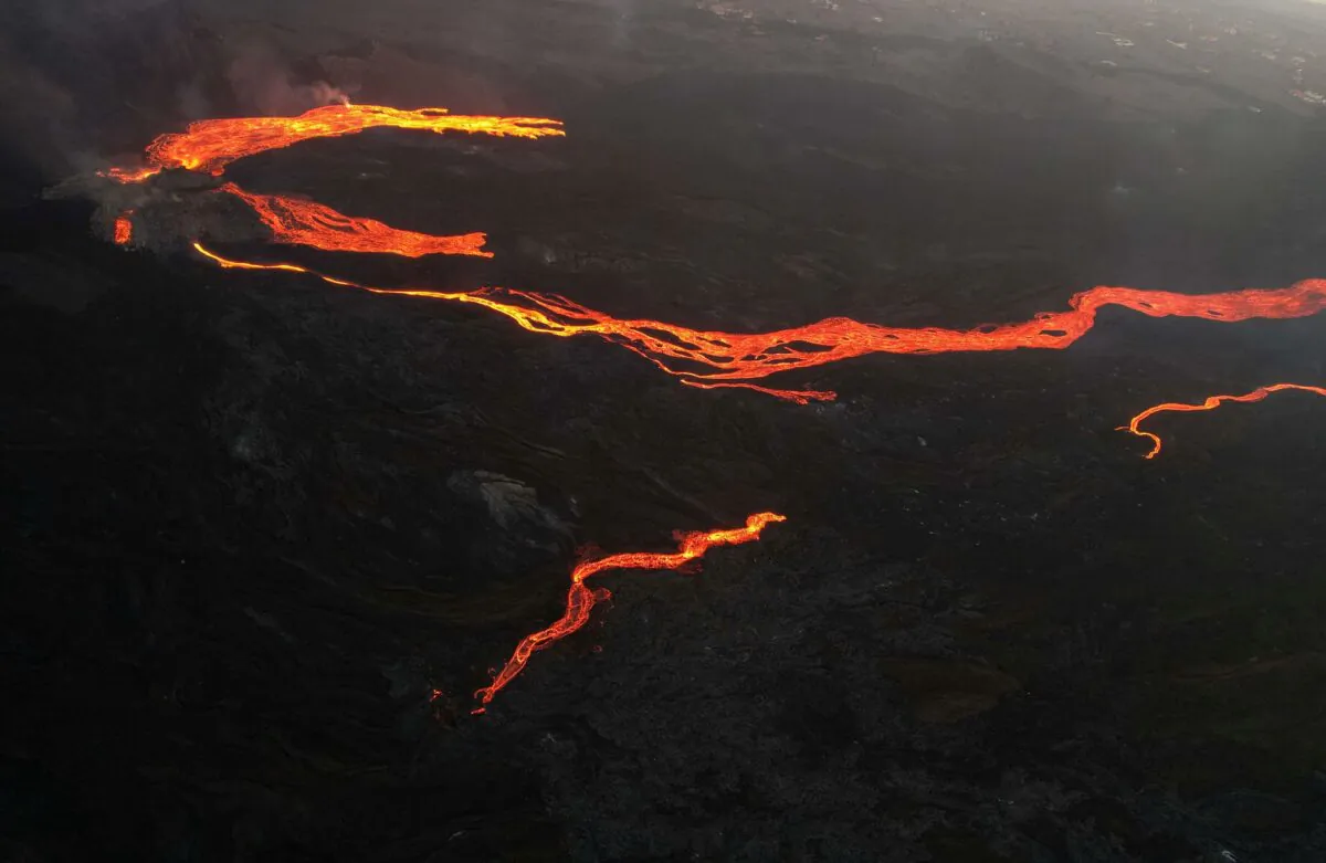 An aerial view of the lava from the Cumbre Vieja volcano near Tacande neighborhood, on the Canary Island of La Palma, Spain, on Dec. 13, 2021. (Borja Suarez/Reuters)
