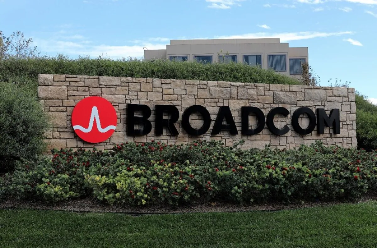A sign to the campus offices of chip maker Broadcom Ltd. in Irvine, Calif., on Nov. 6, 2017. (Mike Blake/Reuters)