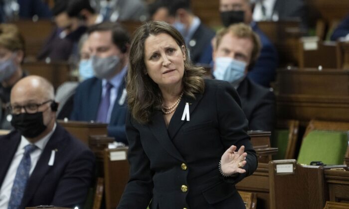 Finance Minister Chrystia Freeland rises during question period in the House of Commons in Ottawa on Dec. 6, 2021. (The Canadian Press/Adrian Wyld)