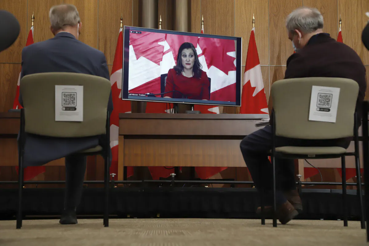 Deputy Prime Minister and Minister of Finance Chrystia Freeland speaks virtually at a press conference about the 2021 Economic and Fiscal Update during a lockup session in Ottawa on December 14, 2021. (The Canadian Press/ Patrick Doyle)