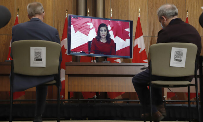 Deputy Prime Minister and Minister of Finance Chrystia Freeland speaks virtually at a press conference about the 2021 Economic and Fiscal Update during a lockup session in Ottawa on December 14, 2021. (The Canadian Press/ Patrick Doyle)