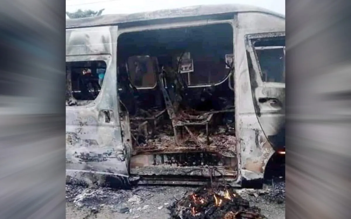 A bus that was ambushed by bandits in Sokoto State, Nigeria on Dec. 6, 2021. (Jabeer Aliyu)
