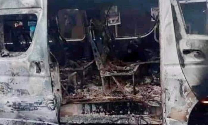 A bus that was ambushed by bandits in Sokoto State, Nigeria on Dec. 6, 2021. (Jabeer Aliyu)