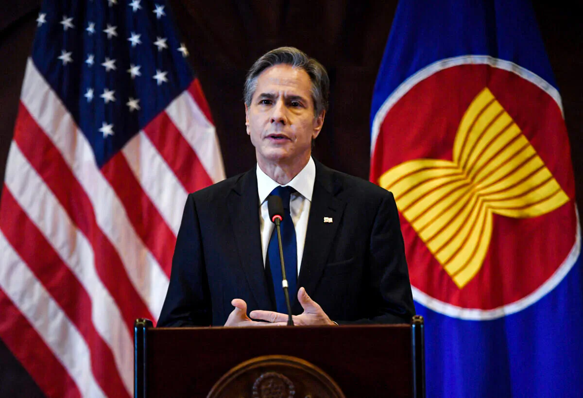 U.S. Secretary of State Antony Blinken delivers remarks on the Biden administration's Indo-Pacific strategy at the Universitas Indonesia in Jakarta, Indonesia, on Dec. 14, 2021. (Oliver Douliery/AFP via Getty Images)