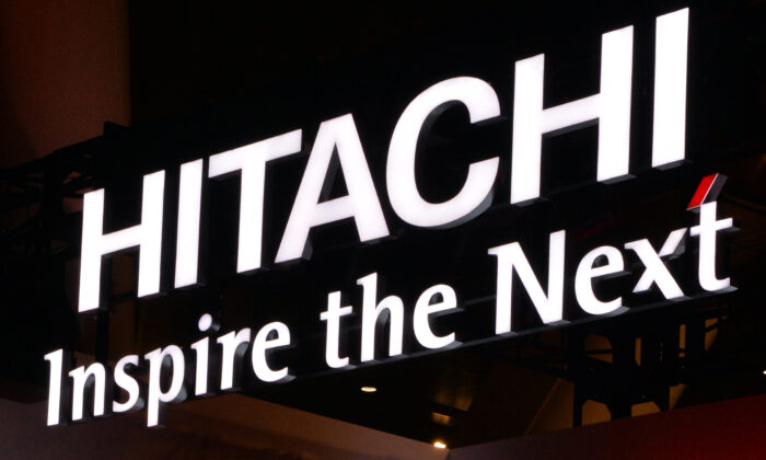 A logo of Japan's high-tech giant Hitachi at an exhibition in Tokyo on October 29, 2013.       (YOSHIKAZU TSUNO/AFP via Getty Images)