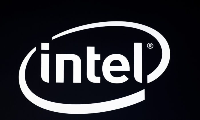 A logo sits outside the Intel booth during the GSMA Mobile World Congress 2019 in Barcelona, on Feb. 26, 2019. (David Ramos/Getty Images)