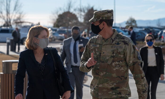 Deputy Secretary of Defense Kathleen H. Hicks speaks with Space Training and Readiness Command Deputy Commander Brig. Gen. Todd Moore during a recent trip to Schriever Space Force Base, Colo., on Dec. 13, 2021.  (DoD/U.S. Air Force Staff Sgt. Brittany A. Chase)