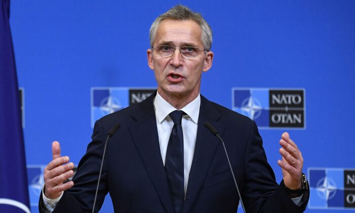 NATO Secretary-General Jens Stoltenberg gives a press conference after a bilateral meeting at the NATO headquarters in Brussels, Belgium, on Dec. 10, 2021. (John Thys/AFP via Getty Images)