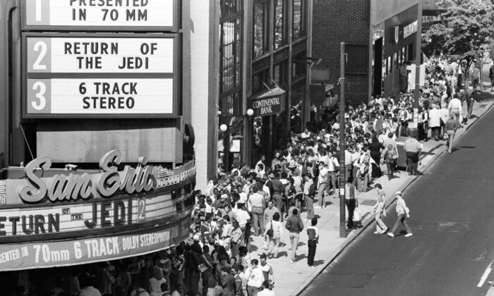 Movie fans line up on Philadelphia's Chestnut Street in advance for the premiere of the movie "Star Wars: Episode VI-Return of the Jedi" on May 23, 1983. (George Widman/AP Photo)