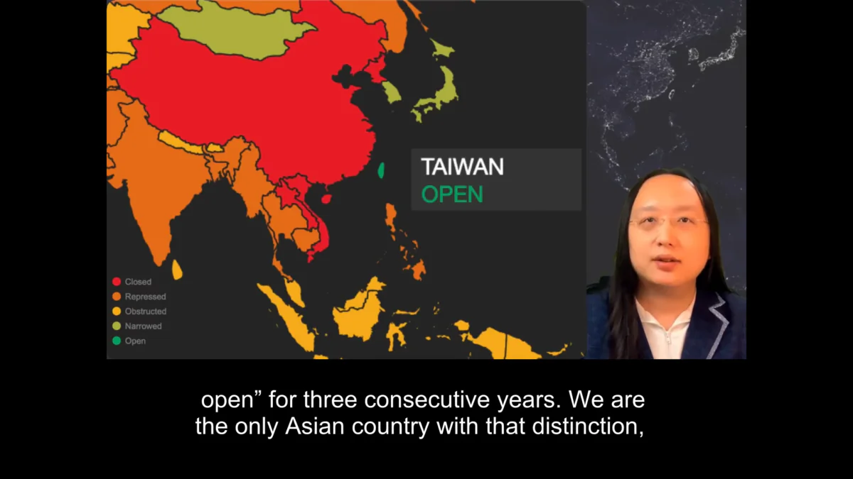 A still image from video of Taiwanese Digital Minister Audrey Tang addressing the Summit for Democracy, posted by Tang via her Facebook account. (Screenshot via The Epoch Times)