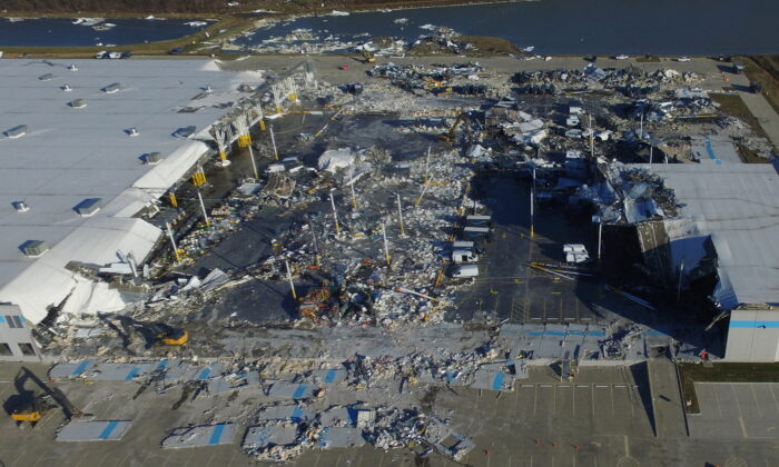  site of a roof collapse at an Amazon distribution center a day after a series of tornadoes struck multiple states, in Edwardsville, Ill., on Dec. 11, 2021. (Drone Base/Reuters)