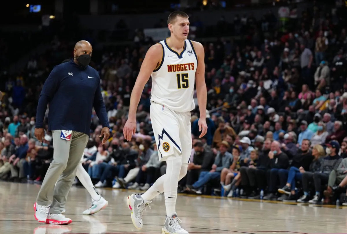 Denver Nuggets center Nikola Jokic (15) reacts after being ejected in the second half against the Washington Wizards at Ball Arena in Denver, on Dec. 13, 2021. (Ron Chenoy/USA TODAY Sports via Field Level Media)
