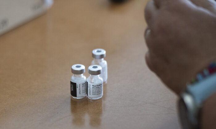 Vials of the Pfizer-BioNTech COVID-19 vaccine are seein in Cape Town, South Africa on Dec. 8, 2021. (Rodger Bosch/AFP via Getty Images)