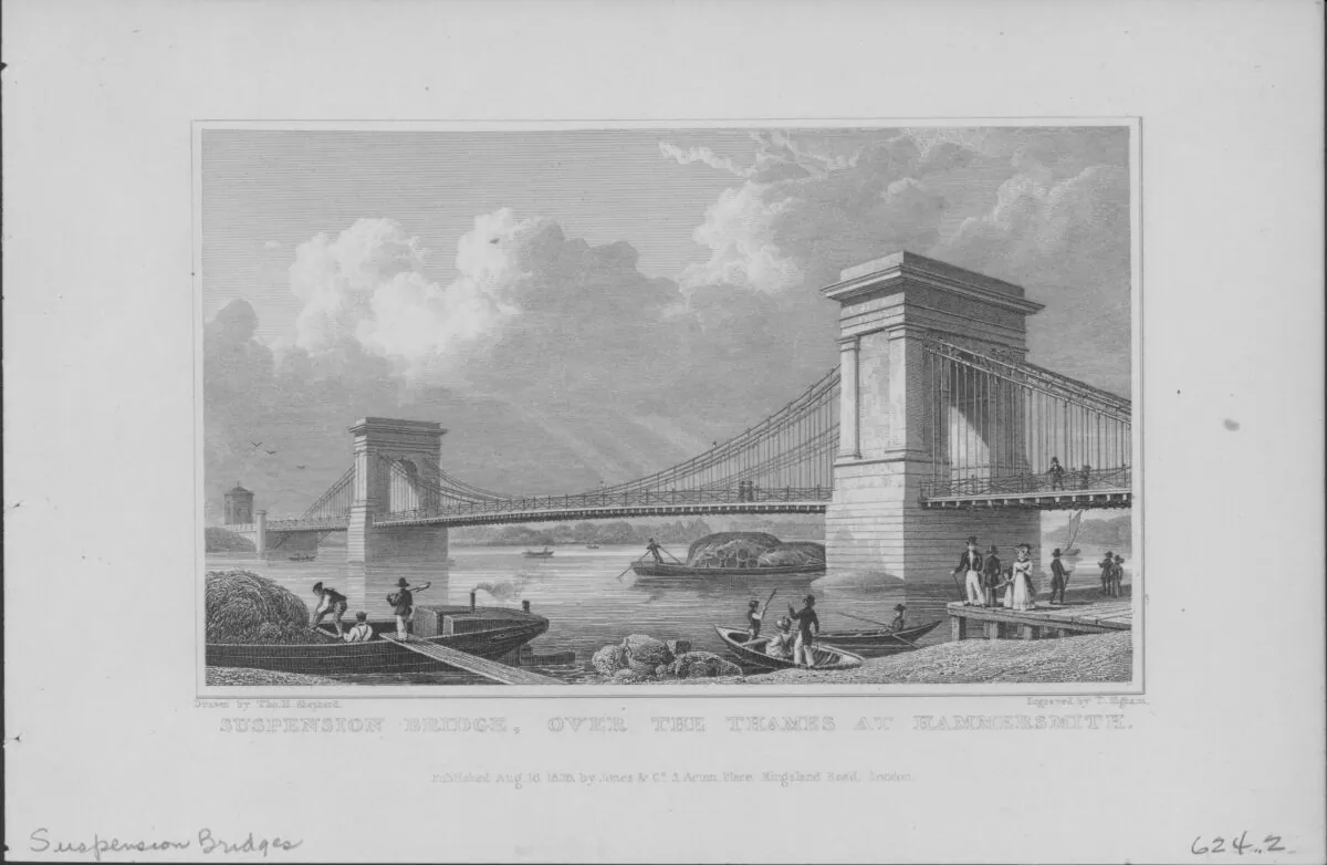 Engraving of the view of the suspension bridge over the Thames at Hammersmith, England, in 1825. (Getty Images)