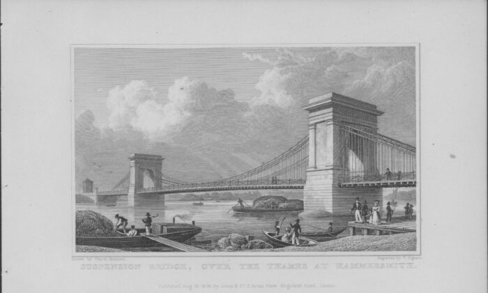 Engraving of the view of the suspension bridge over the Thames at Hammersmith, England, in 1825. (Getty Images)