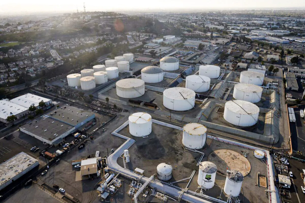 Oil storage containers in Los Angeles, on April 7, 2021. (Lucy Nicholson/Reuters)
