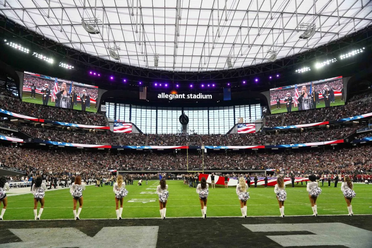 A general overall view of Allegiant Stadium during the playing of the national anthem before the game between the Las Vegas Raiders and the Washington Football Team in Paradise, Nev., on Dec 5, 2021. (Kirby Lee-USA TODAY Sports)