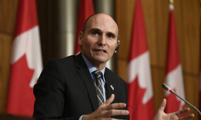 Minister of Health Jean-Yves Duclos speaks during an update on the government’s response to the COVID-19 pandemic, in Ottawa on Dec. 10, 2021. (THE CANADIAN PRESS/Justin Tang)