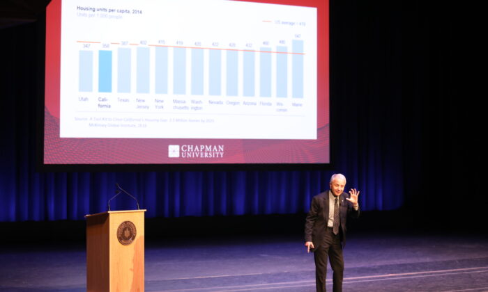 Professor and President Emeritus Jim Doti delivers the 44th annual Economic Forecast at Chapman University’s Musco Center for the Arts on Dec. 14, 2021. (Courtesy of Chapman University)