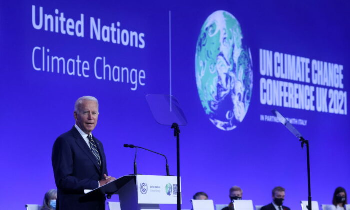 U.S. President Joe Biden speaks during the opening ceremony of the U.N. Climate Change Conference COP26 in Glasgow, Scotland, on Nov. 1, 2021. (Yves Herman/WPA Pool/Getty Images)
