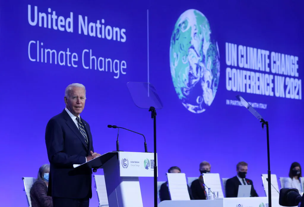 U.S. President Joe Biden speaks during the opening ceremony of the UN Climate Change Conference COP26 at SECC in Glasgow, UK, on Nov. 1, 2021. (Yves Herman - WPA Pool/Getty Images)