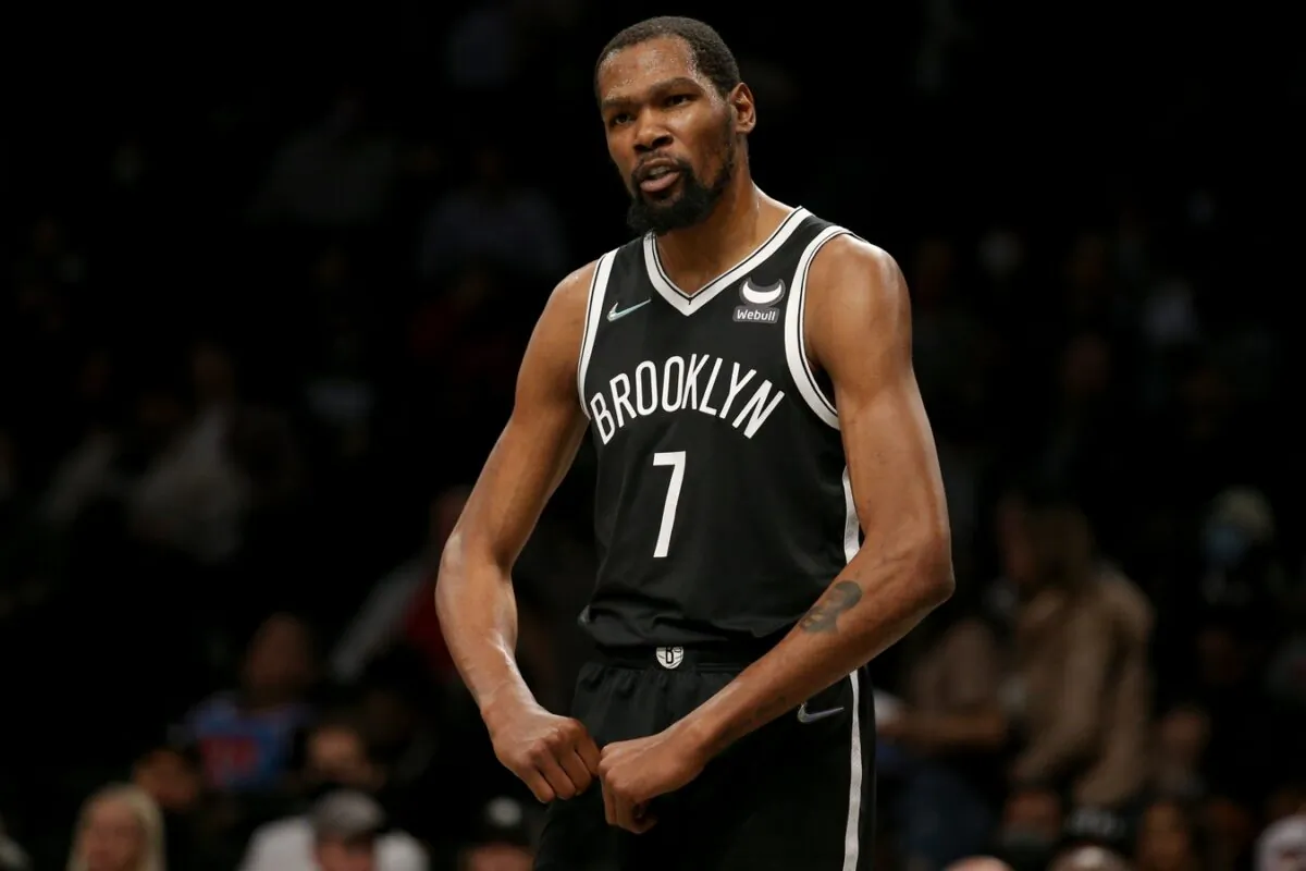 Brooklyn Nets forward Kevin Durant (7) reacts during an NBA game at Barclays Center, in Brooklyn, New York, on Dec. 14, 2021. (Brad Penner/USA TODAY Sports via Field Level Media)