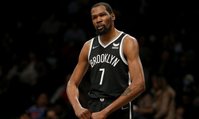 Brooklyn Nets forward Kevin Durant (7) reacts during an NBA game at Barclays Center, in Brooklyn, New York, on Dec. 14, 2021. (Brad Penner/USA TODAY Sports via Field Level Media)