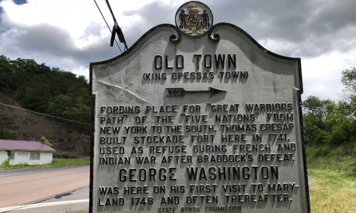 A historical marker is seen along Maryland State Route 51 (Oldtown Road) at Bear Hill Road in Oldtown, Allegany County, Maryland, on May 28, 2020. (Famartin/Wikimedia Commons, CC-SA 4.0)