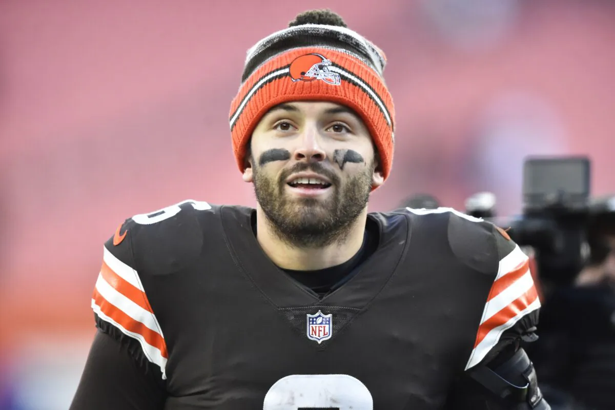 Cleveland Browns quarterback Baker Mayfield walks off the field after his team defeated the Baltimore Ravens in an NFL football game in Cleveland, on Dec. 12, 2021. (David Richard/AP Photo)