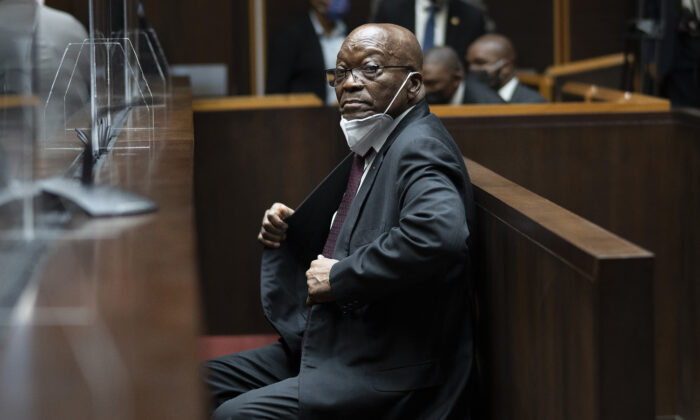 Former South African President Jacob Zuma sits in the High Court in Pietermaritzburg, South Africa, on Oct. 26, 2021. (Jerome Delay/AP Photo)